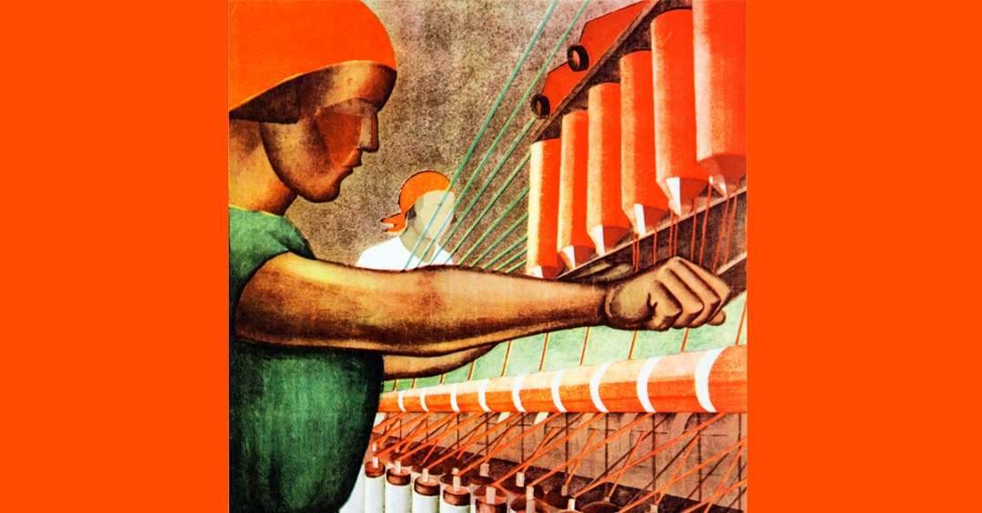 Tyylitelty piirroskuva naisesta työssä kehruukoneella. Yksityiskohta neuvostoliittolaisesta naistenpäivän julisteesta.