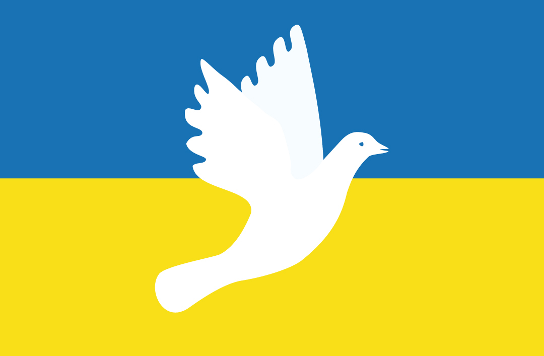 Keskellä valkoinen rauhankyyhky, taustalla sininen yläosa ja keltainen alaosa Ukrainan lipun väreissä.